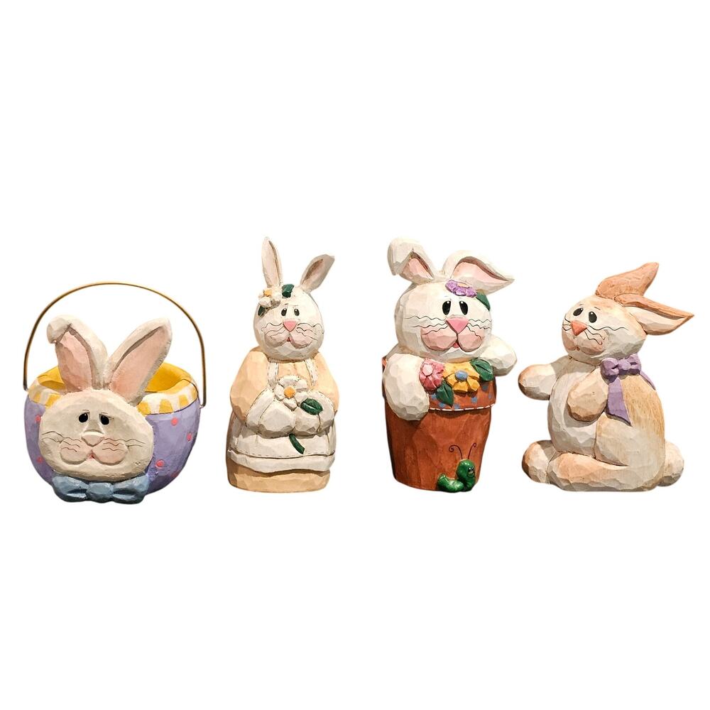 Set of 4 Eddie Walker Bunnies Rabbits Basket Flower Pot Figurines Spring Easter